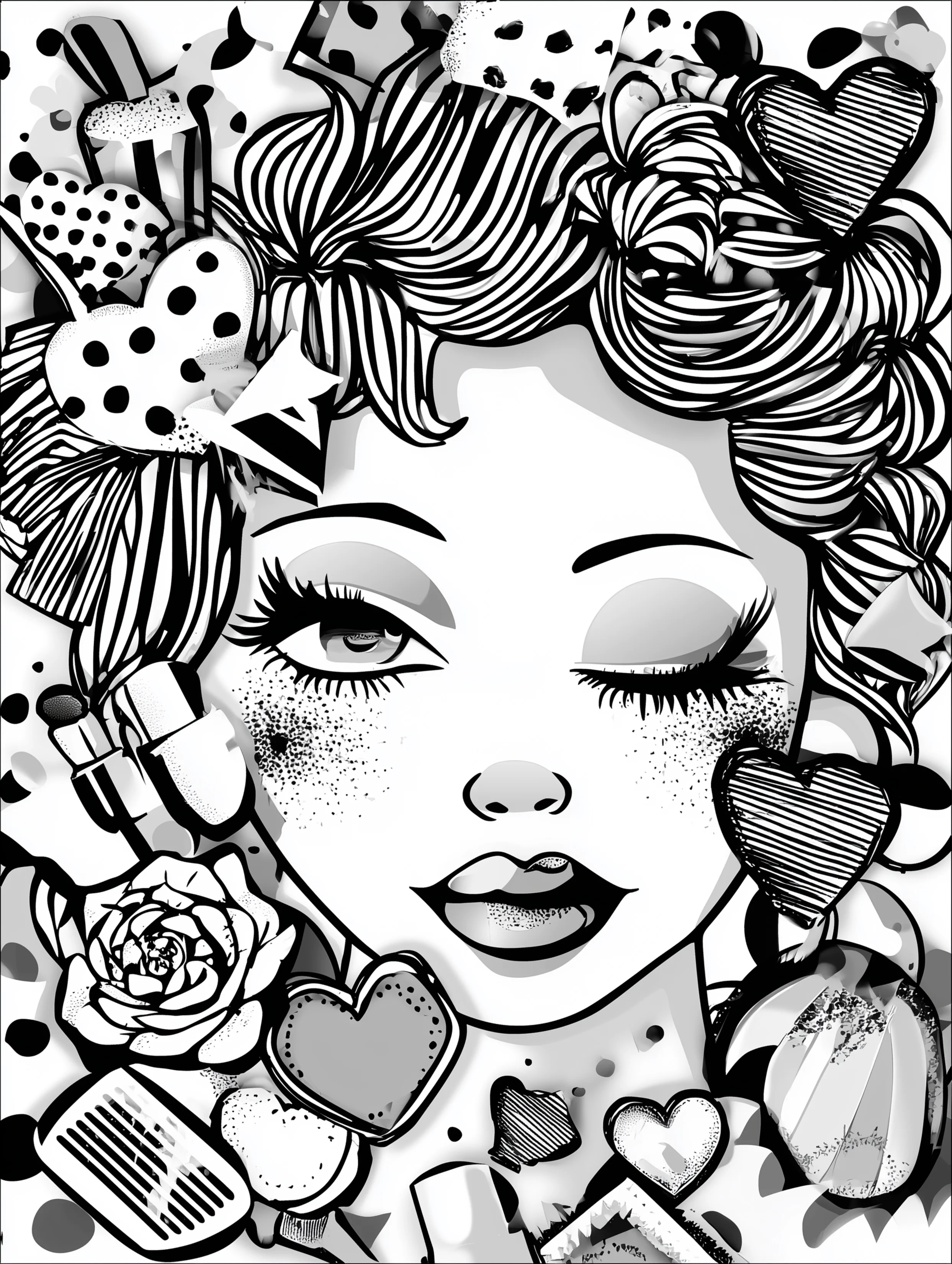 Free printable makeup coloring page for adults featuring a woman winking one eye and wearing makeup